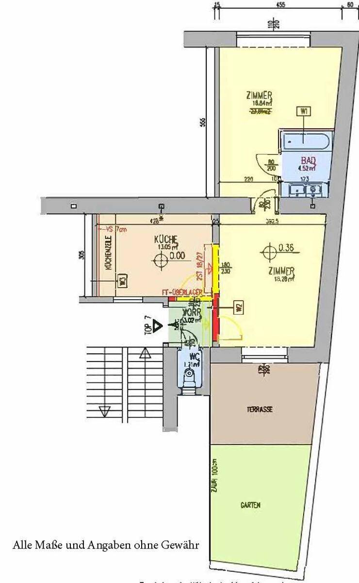 Grundriss einer Wohnung mit zwei Zimmern, Küche, Bad, separatem WC, Terrasse und Garten.