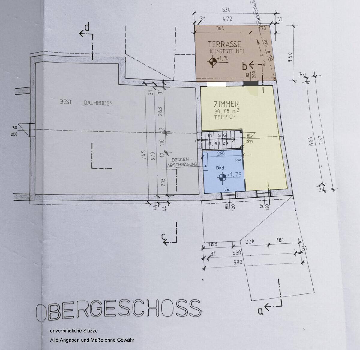 Grundriss des Obergeschosses mit Schlafzimmer, Bad und Dachboden.