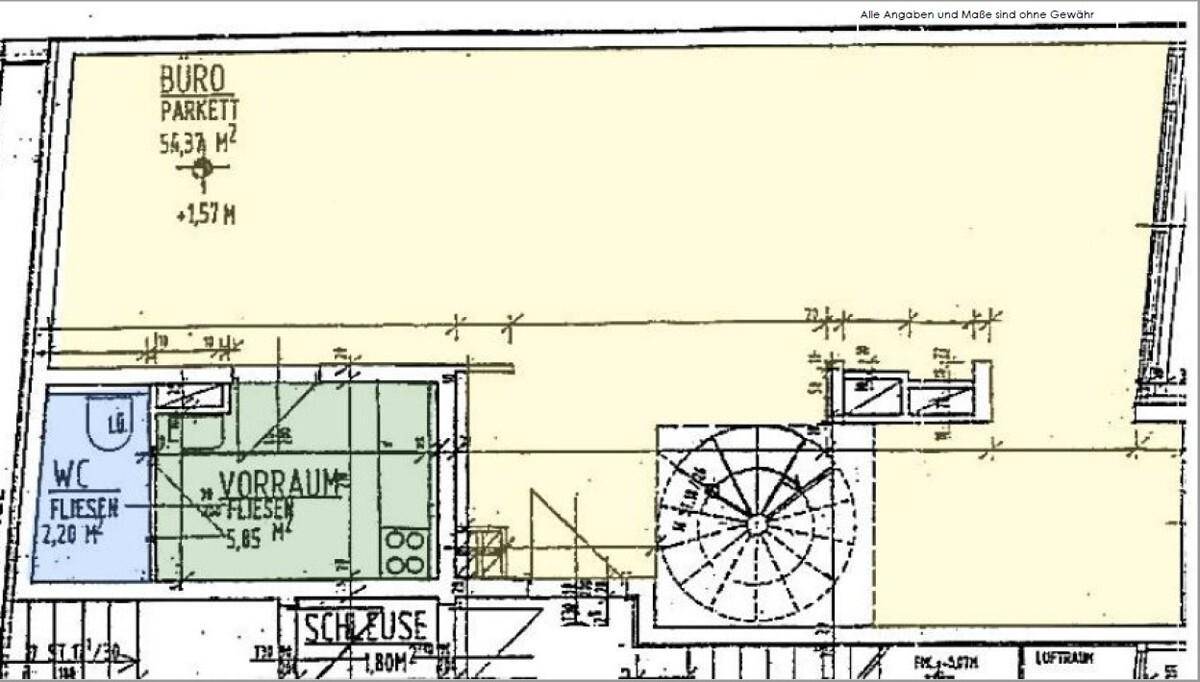 Grundriss eines Bürobereichs mit Parkettboden, separatem WC und Vorraum, inklusive einer Wendeltreppe.