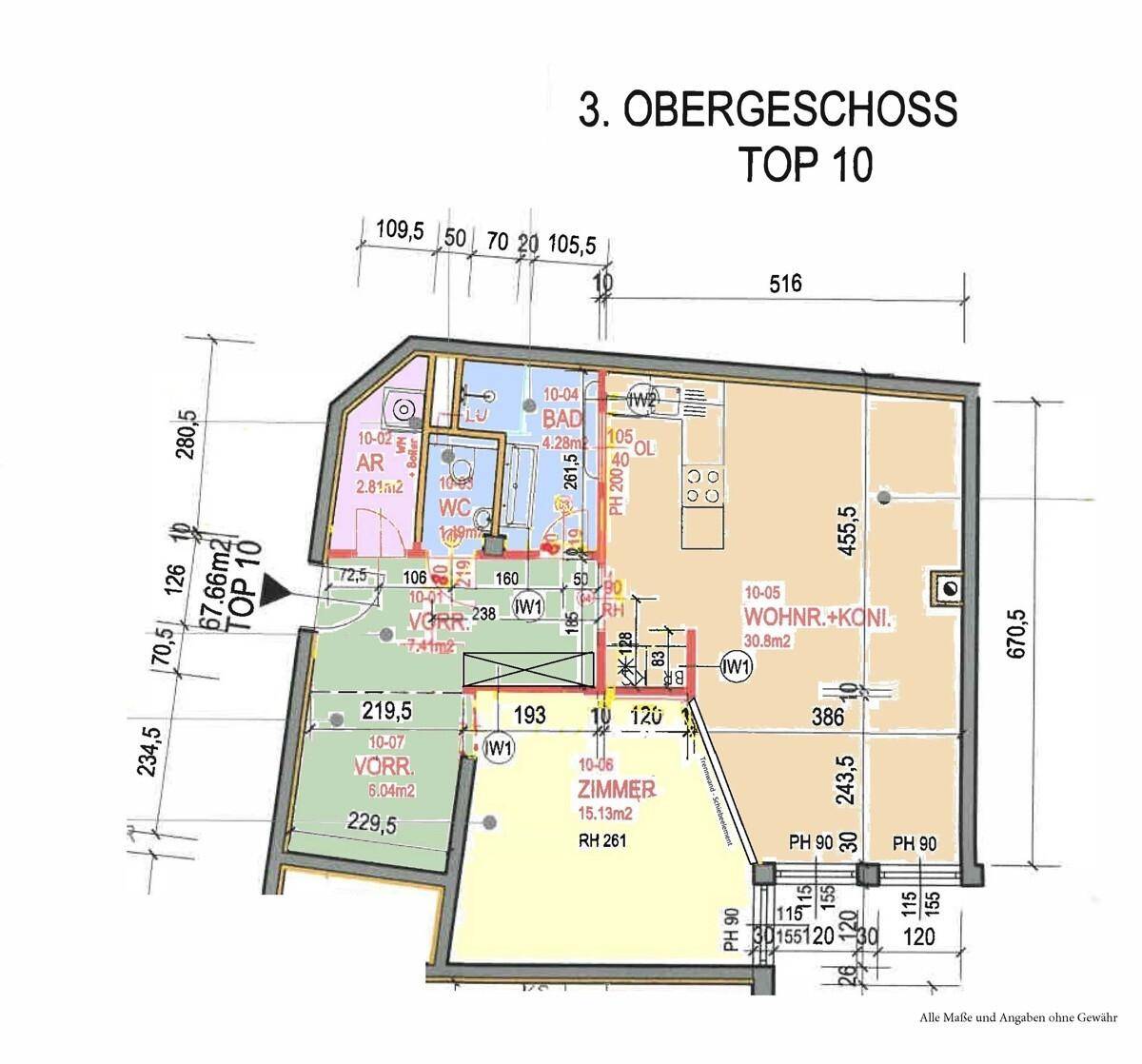 Grundriss der Wohnung TOP 10 im 3. Obergeschoss mit offener Wohnküche, Zimmer, Bad und separatem WC.