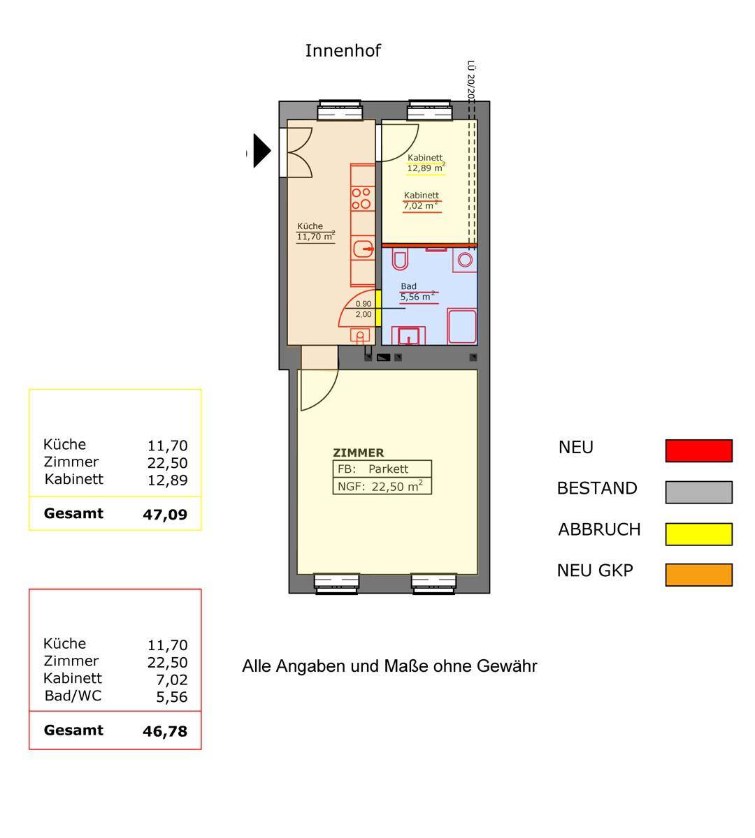 Detaillierter Grundriss einer Wohnung mit Zimmern, Küche und Bad/WC.