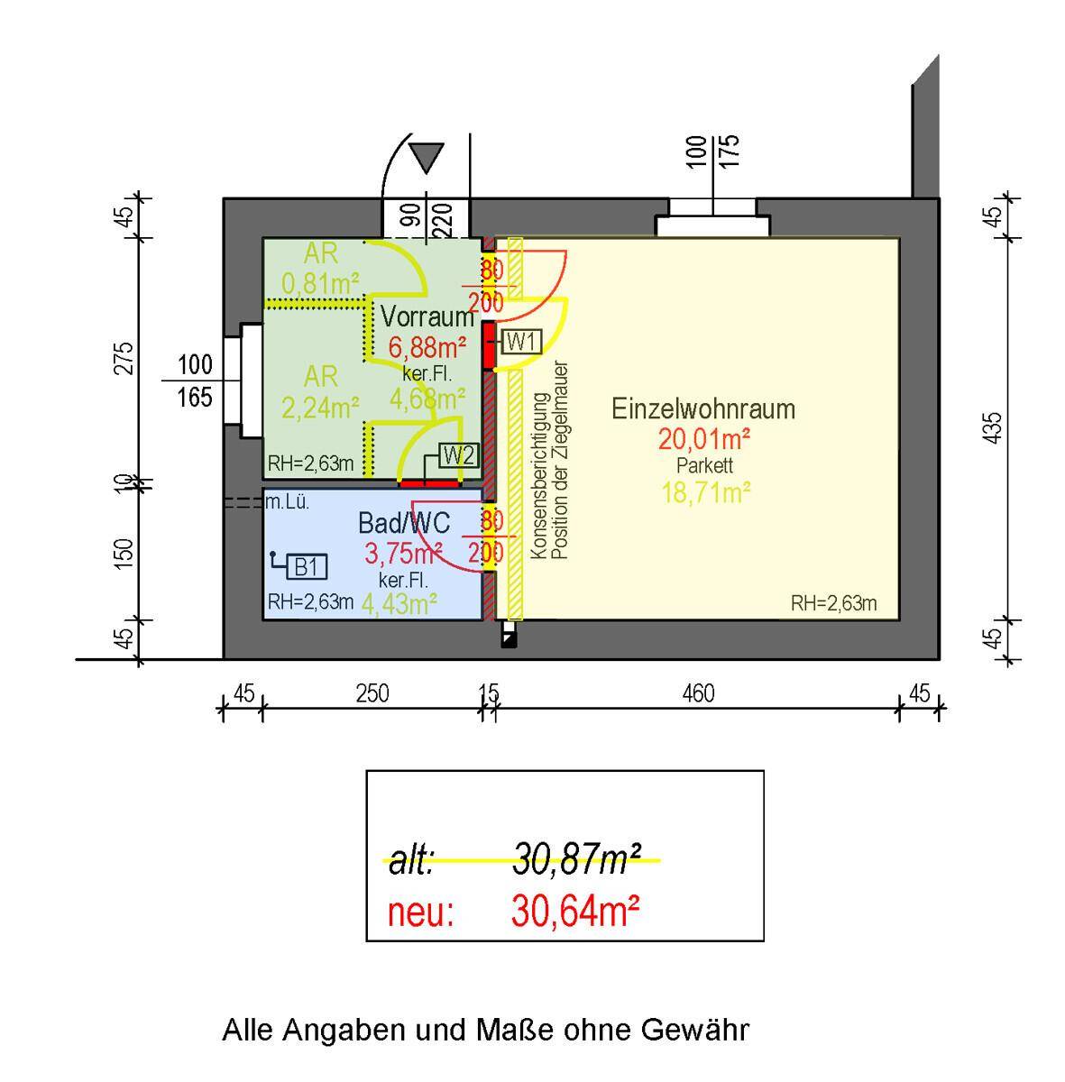 Grundriss einer Wohnung mit Einzelwohnraum, Bad/WC und Vorraum, Gesamtfläche 30,64m².