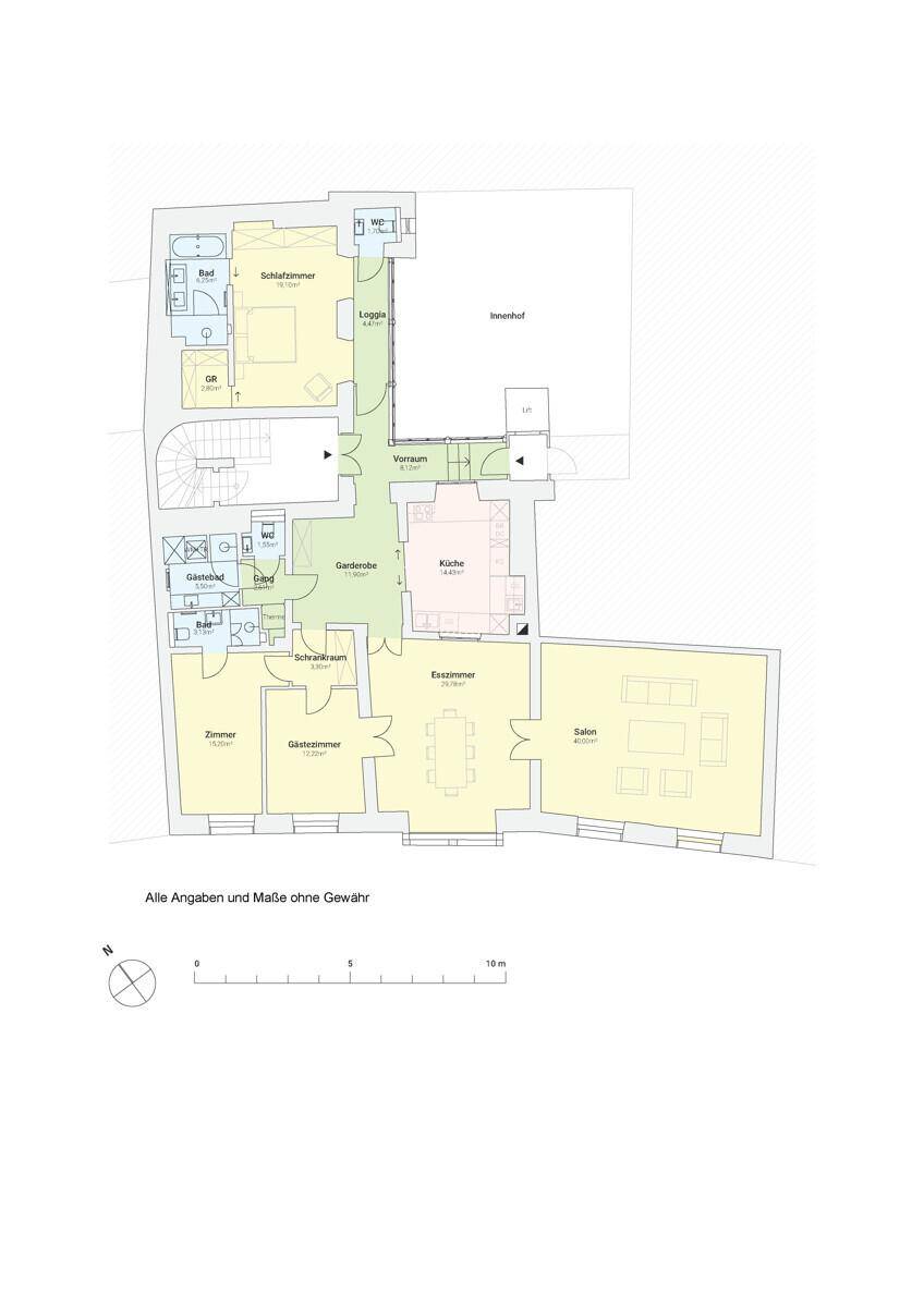 Detaillierter Grundriss einer Wohnung mit mehreren Schlafzimmern, Bädern, einer Loggia und separaten Wohnbereichen.