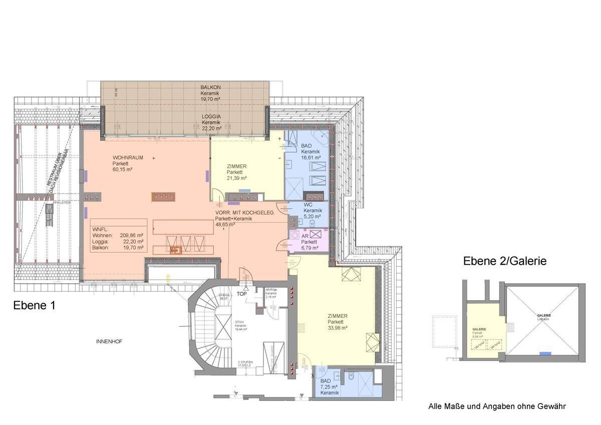 Grundrissplan einer Maisonette-Wohnung mit offenem Wohnbereich, mehreren Zimmern, zwei Bädern, Balkon, Loggia und einer Galerie.