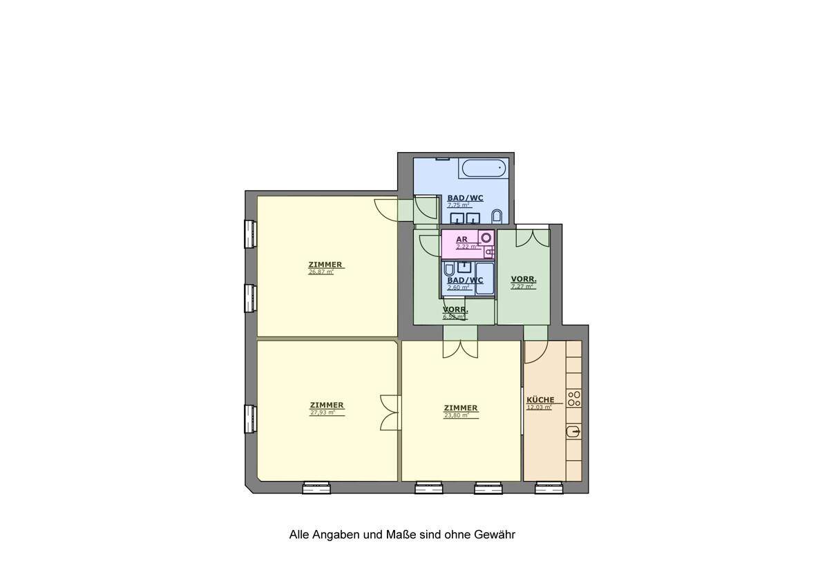 Grundriss einer Wohnung mit drei Zimmern, zwei Bädern und einer separaten Küche.