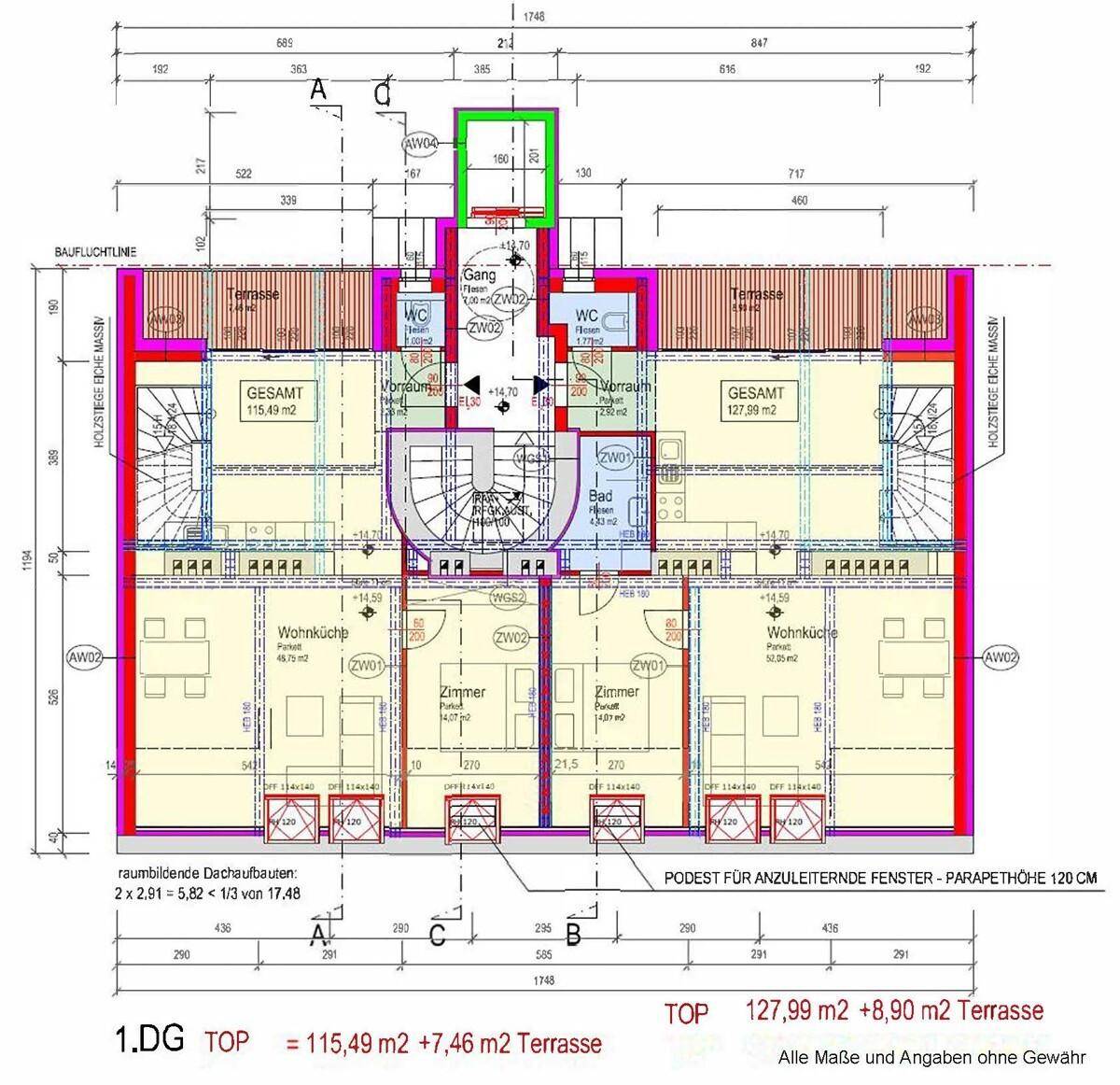 Grundriss des ersten Dachgeschosses mit zwei Wohnungen, jeweils mit Wohnküche, Bad, WC und Terrasse.