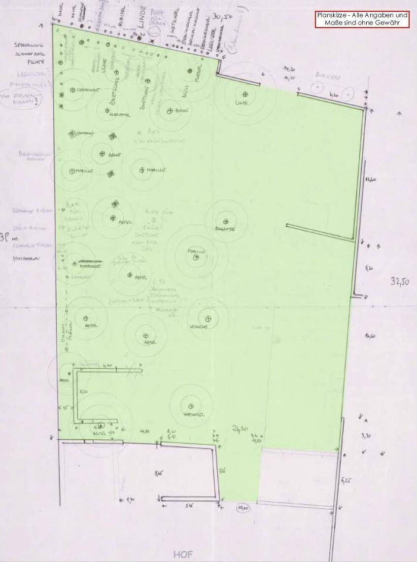 Gartenplan mit verschiedenen Bäumen, Hecken und einem Hofbereich für die Gestaltung.