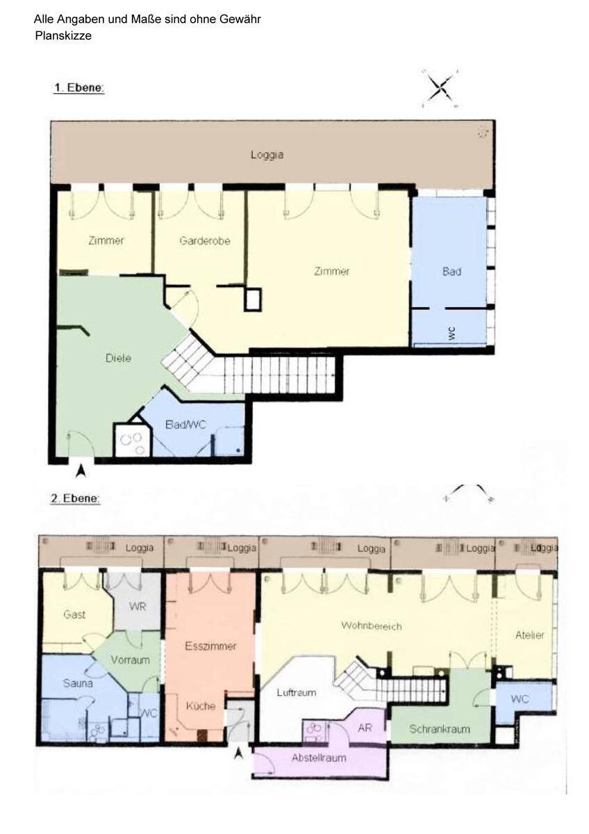 Grundriss auf zwei Ebenen mit Loggien, Zimmern, Bädern und offenem Wohnbereich.
