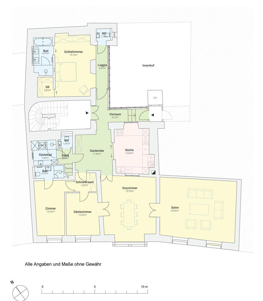 Grundriss einer Wohnung mit mehreren Schlafzimmern, Bädern, einer Loggia und Zugang zu einem Innenhof.