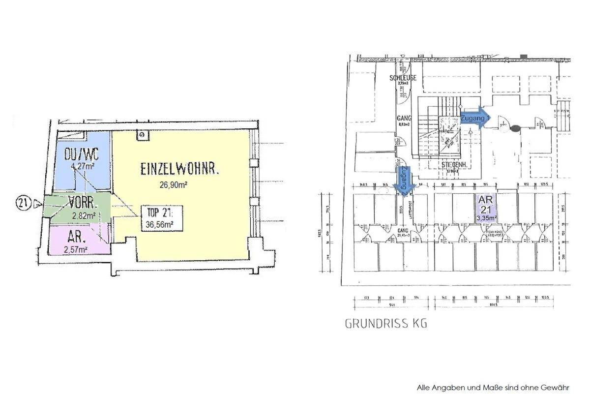 Zwei Grundrisse zeigen die Aufteilung einer Wohneinheit und den Zugangsbereich im Kellergeschoss.