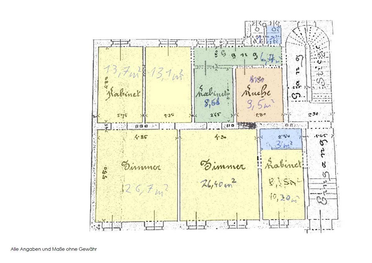 Historischer Grundriss einer Etage mit mehreren Zimmern, einer Küche und einem Treppenhaus.