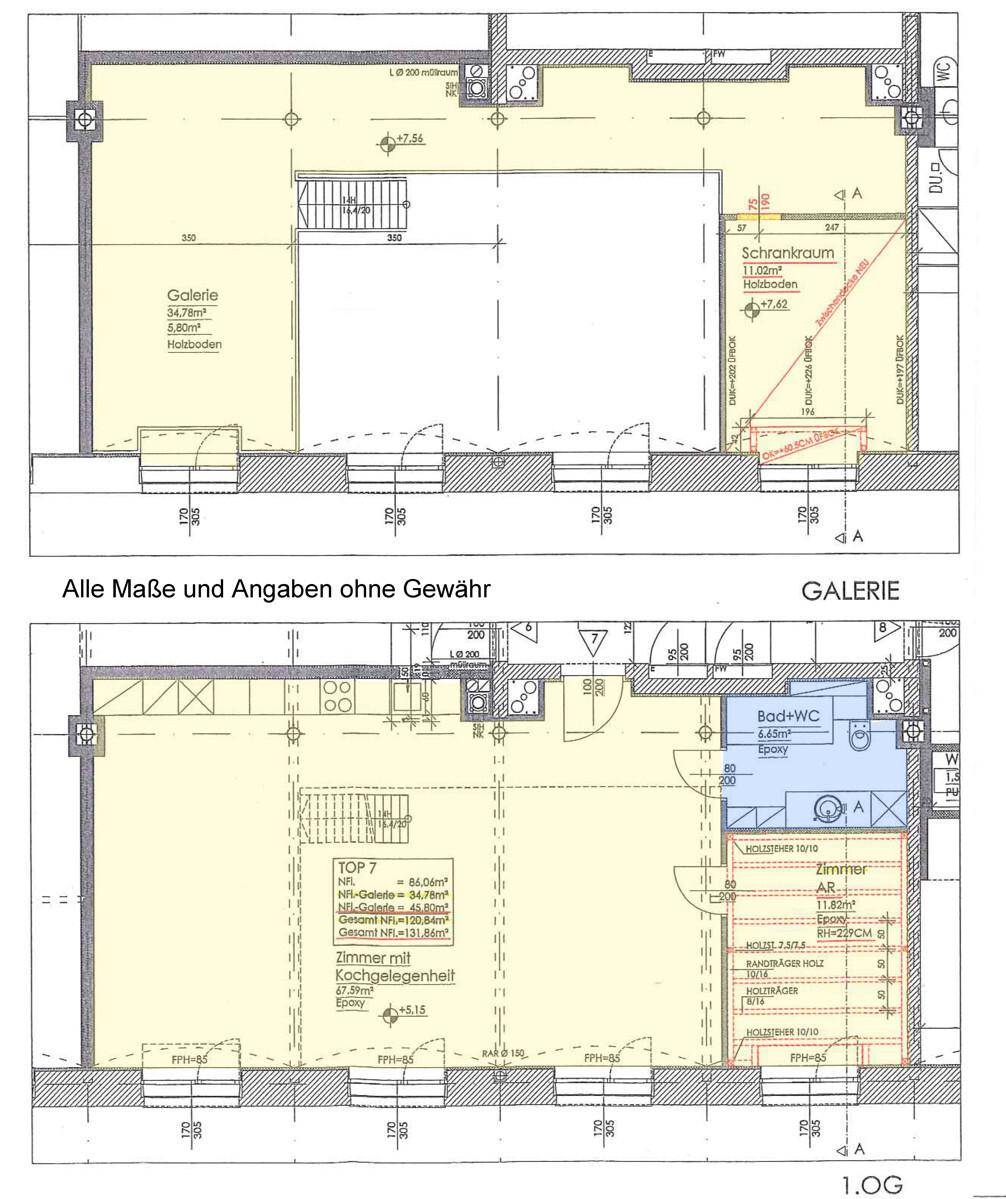Grundriss zeigt zwei Ebenen mit Galerie, Zimmer mit Kochgelegenheit, Bad und separatem Schrankraum.