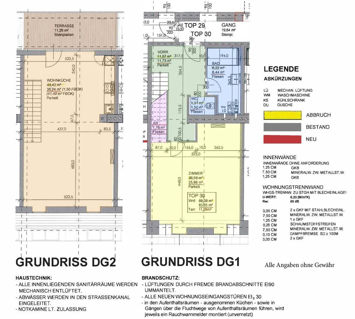 Grundrisspläne für zwei Dachgeschosswohnungen mit Terrasse, Balkon und offener Wohnküche.