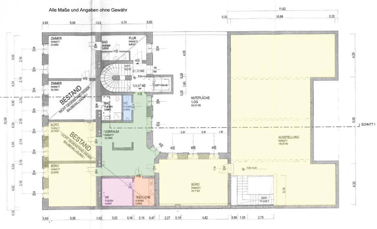 Grundriss des Obergeschosses mit Zimmern, Bädern, Büros und einem großen Ausstellungsbereich.