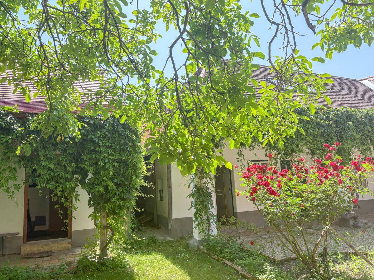 Idyllischer Innenhof mit grünen Rankpflanzen, roten Rosen und traditionellen Gebäuden.