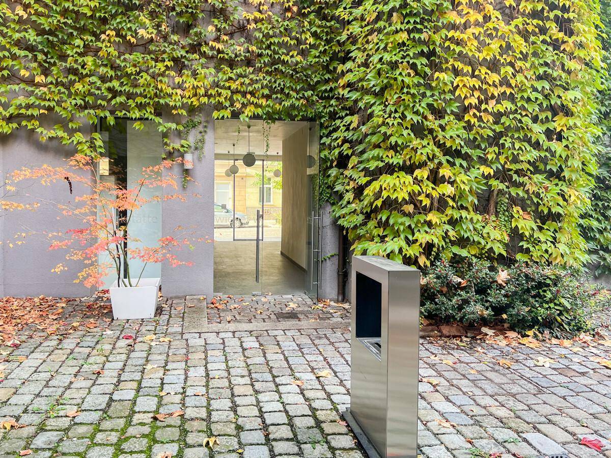 Eingangsbereich mit gepflastertem Hof, moderner Glastür und einer von Efeu bewachsenen Fassade.