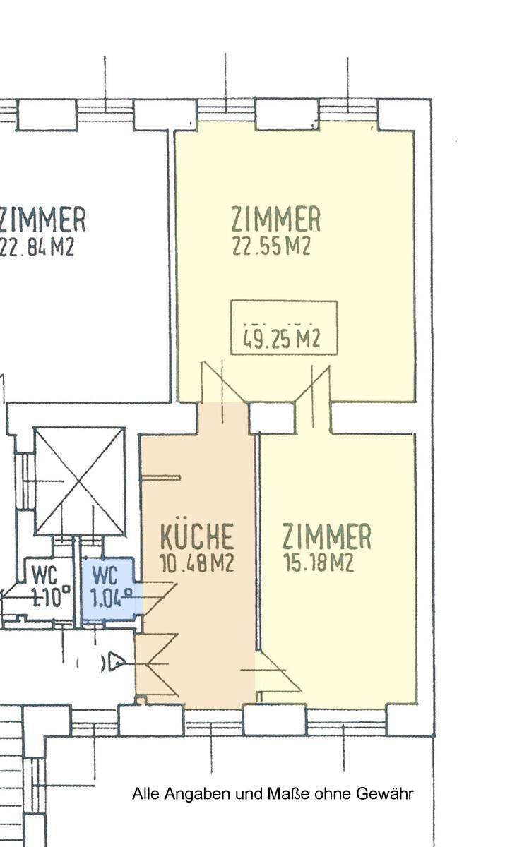 Grundriss zeigt drei Zimmer, eine Küche und zwei WCs mit den jeweiligen Flächenangaben.
