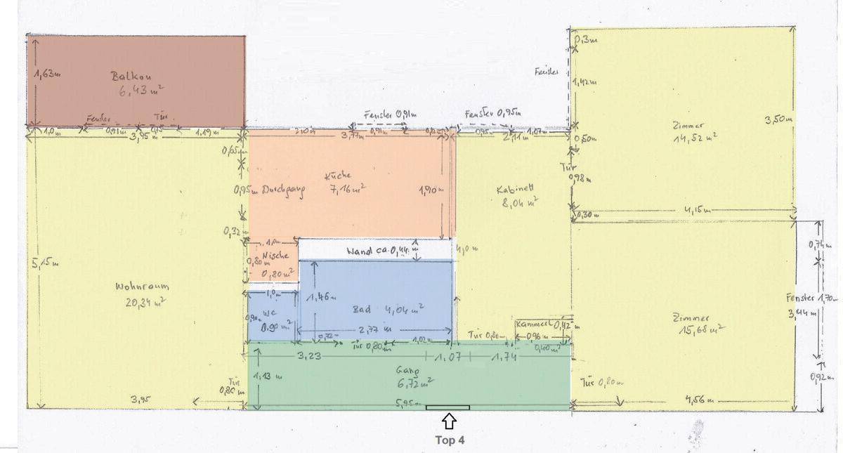 Handgezeichneter Grundriss der Wohnung mit Raumaufteilung und Flächenangaben.