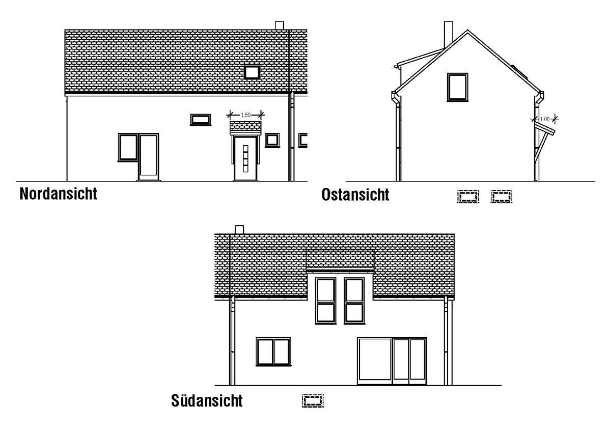 Architektonische Ansichten des Hauses von Norden, Osten und Süden.