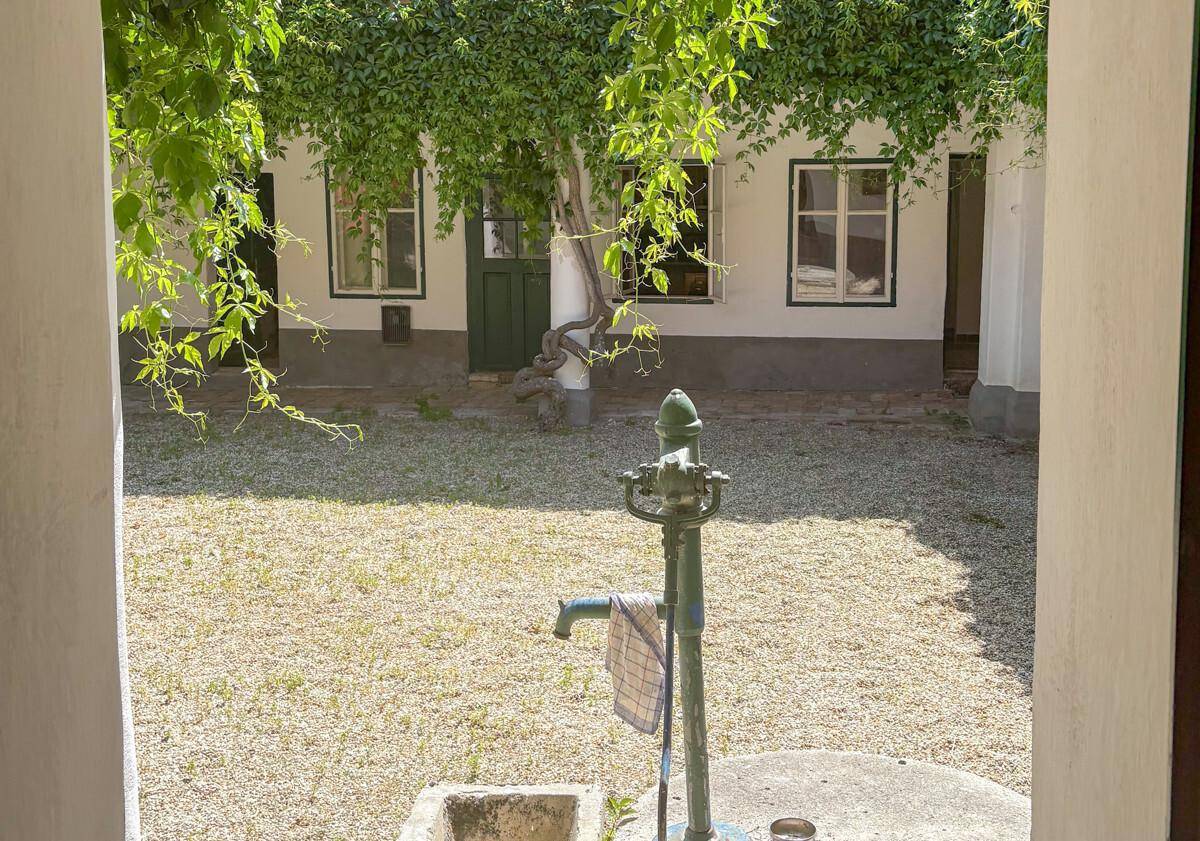 Sonniger Innenhof mit Kiesfläche, historischer Wasserpumpe und grünen Rankpflanzen.