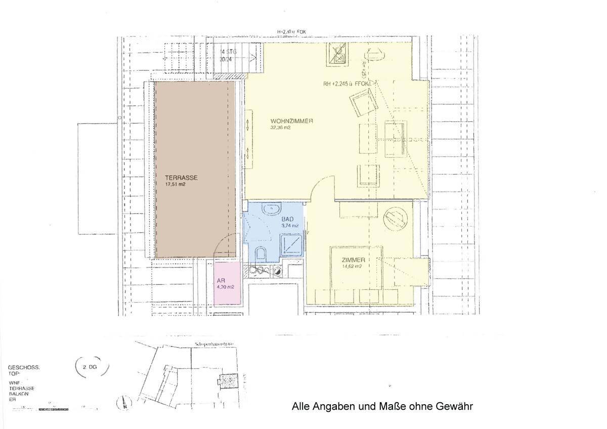 Grundriss der Dachgeschossebene mit Wohnzimmer, Schlafzimmer, Bad und großer Terrasse.