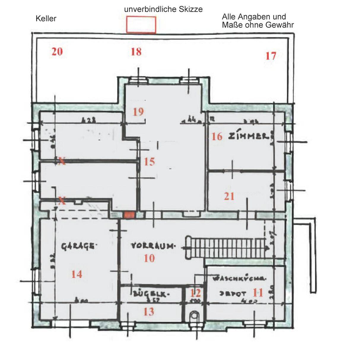 Grundriss des Kellers mit Garage, Vorraum und Waschküche.