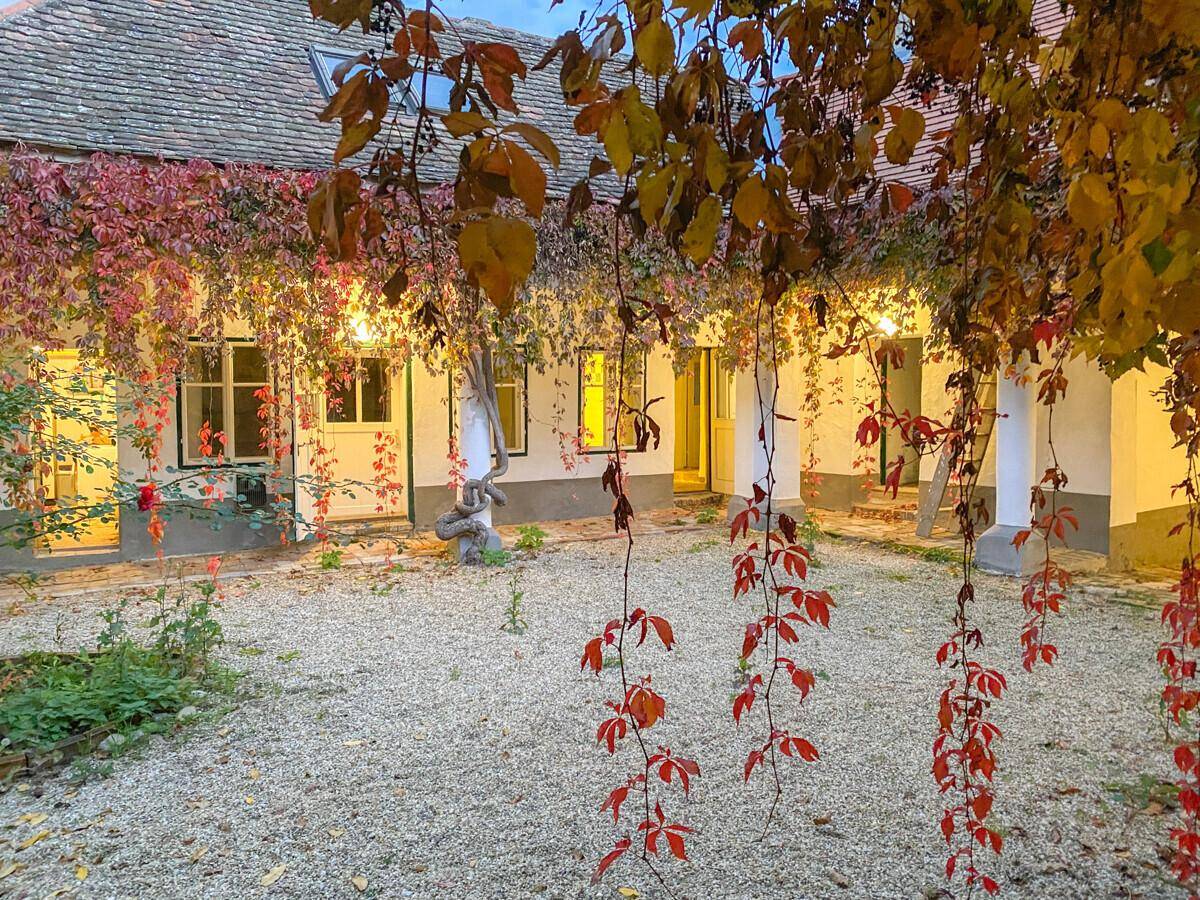 Abendliche Ansicht des Innenhofs mit warm beleuchteten Fenstern und herbstlicher Weinrebenbegrünung.