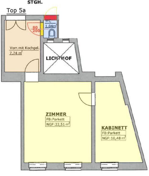 Grundriss der Wohnung Top 5a mit Vorraum, Zimmer und Kabinett.
