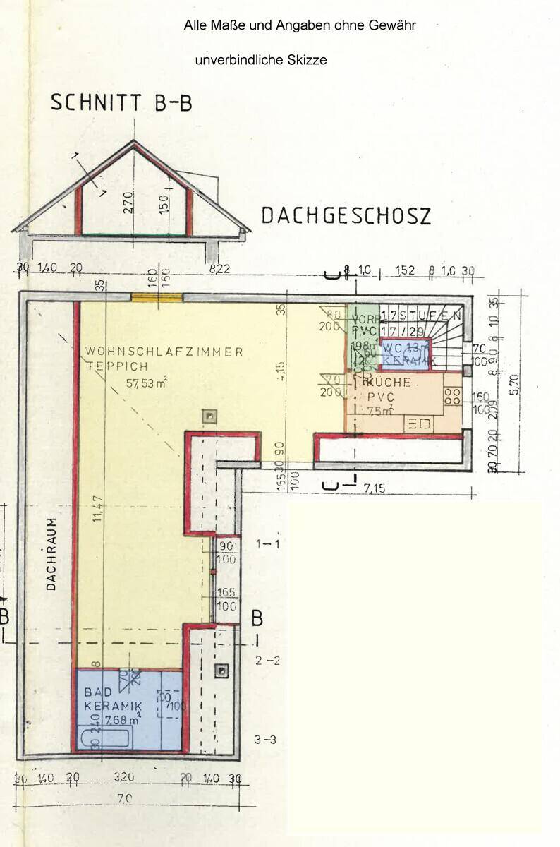 Grundriss des Dachgeschosses mit Schlafzimmer, Bad und Dachschräge.