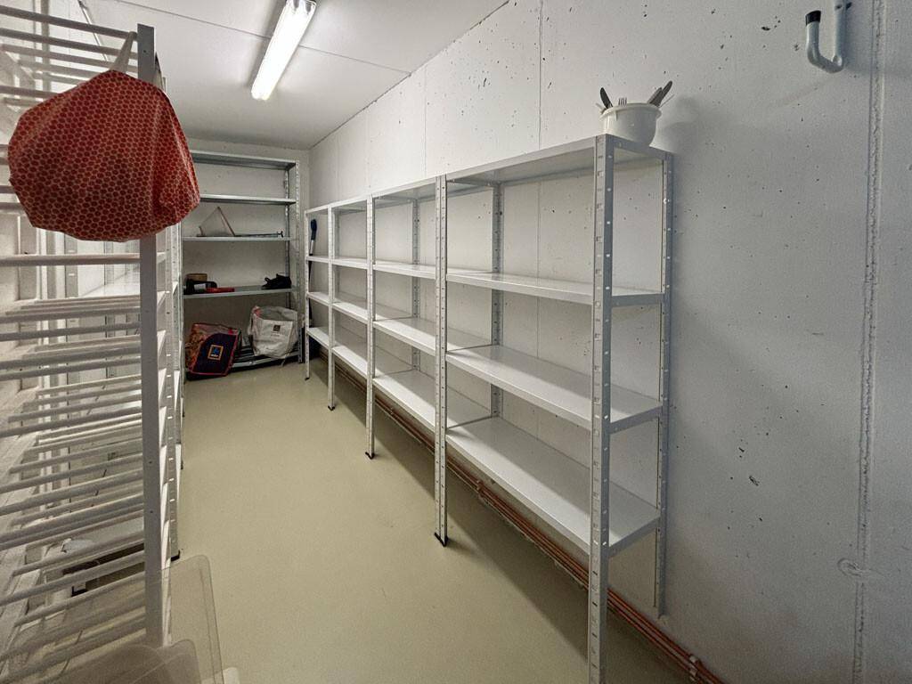 Praktischer Abstellraum im Keller mit robusten Metallregalen für zusätzlichen Stauraum.
