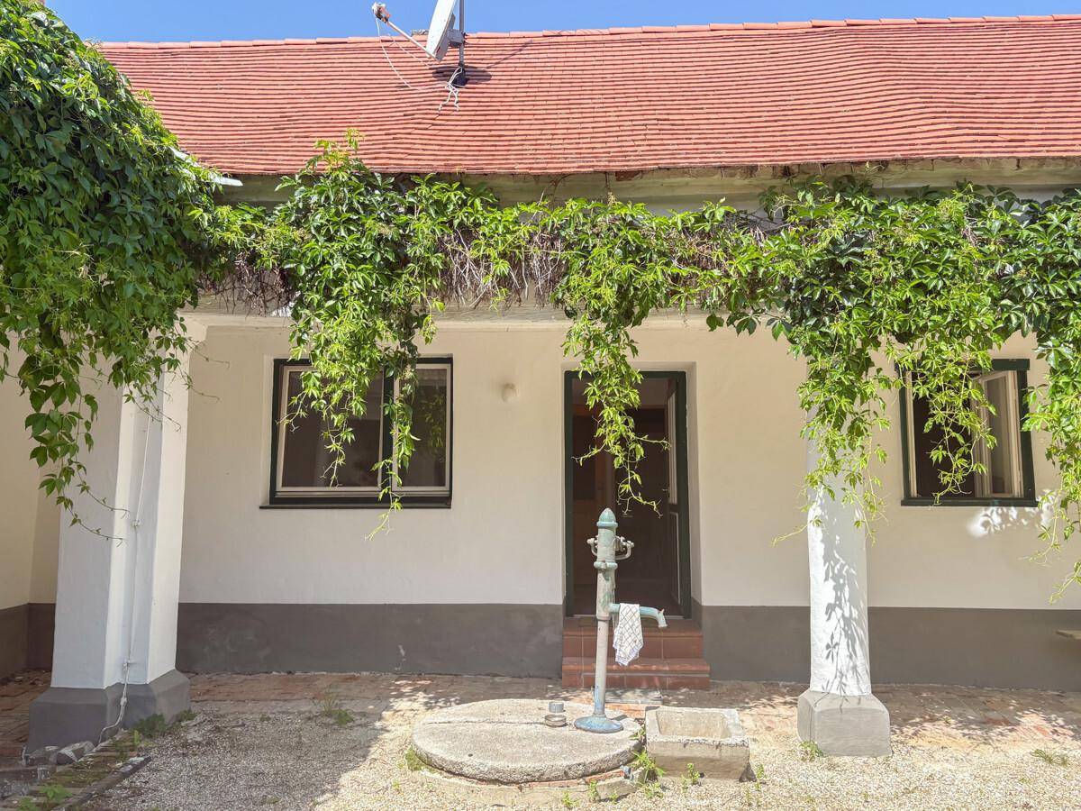 Traditioneller Innenhof mit historischer Wasserpumpe und üppiger Begrünung an der Fassade.
