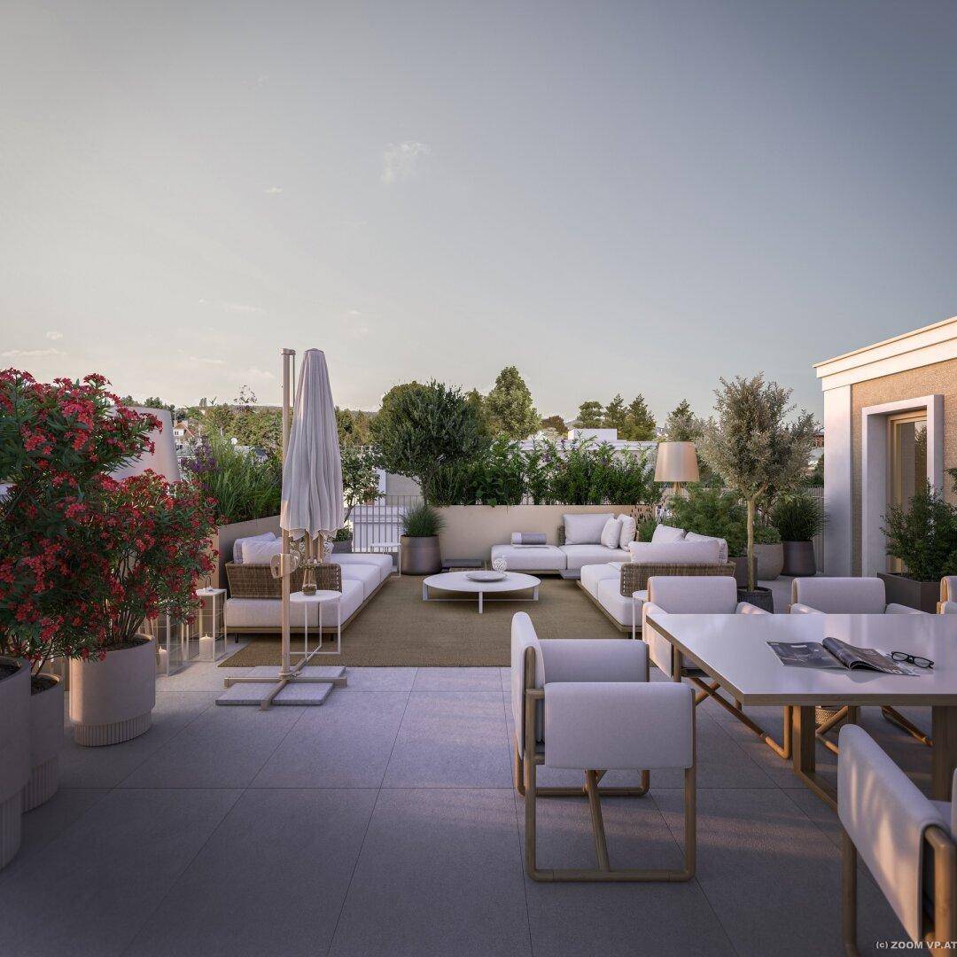 Geräumige Dachterrasse mit modernen Lounge-Möbeln und Pflanzen für entspannte Stunden.