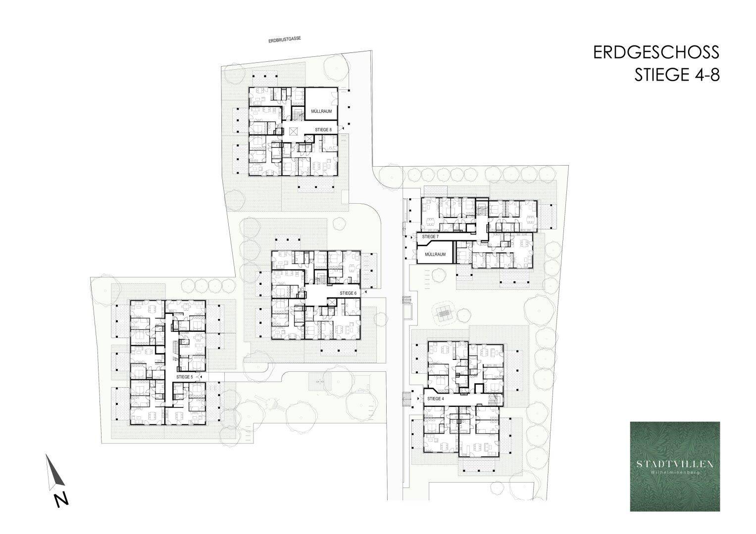 Übersichtsplan des Erdgeschosses mit mehreren Wohneinheiten und Kellerabteilen.