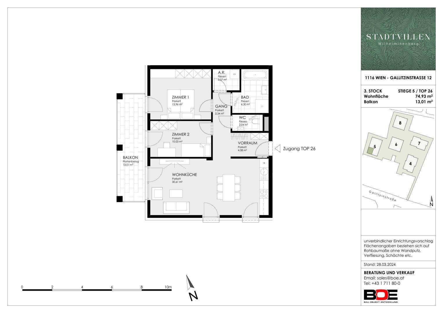 Grundriss einer Wohnung mit zwei Schlafzimmern, offenem Wohn-Essbereich, Bad, separatem WC und großem Balkon.