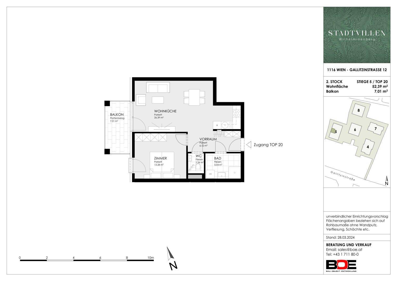 Grundriss einer Wohnung mit offener Wohnküche, einem Schlafzimmer, Bad, separatem WC und Balkon.