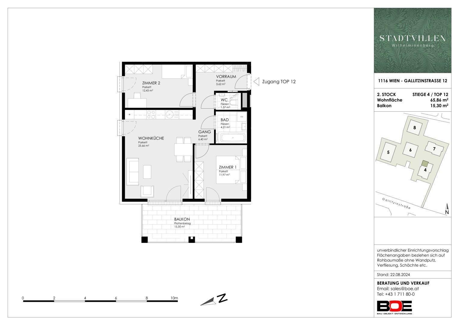 Grundriss der Wohnung TOP 12 mit zwei Schlafzimmern, offenem Wohnbereich und Balkon.