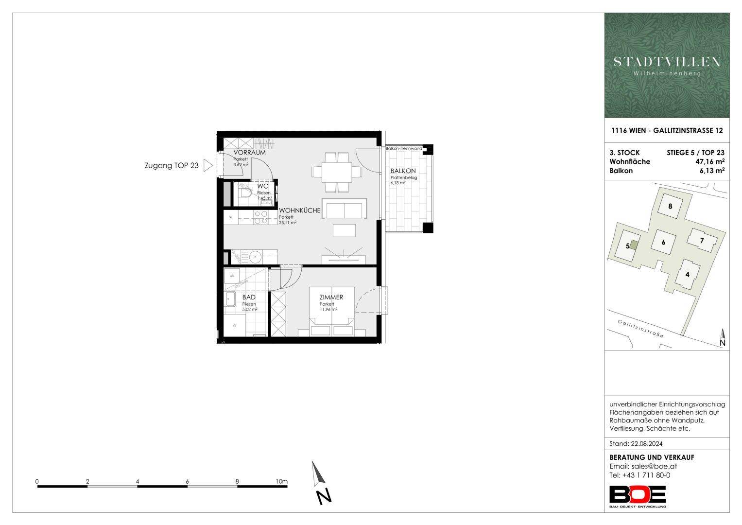 Grundriss der Wohnung TOP 23 mit offener Wohnküche, Schlafzimmer, Bad und Balkon.