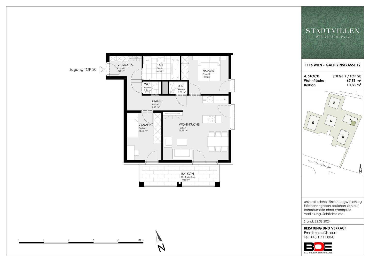 Grundriss einer Wohnung mit zwei Schlafzimmern, offener Wohnküche, Bad, separatem WC und Balkon.