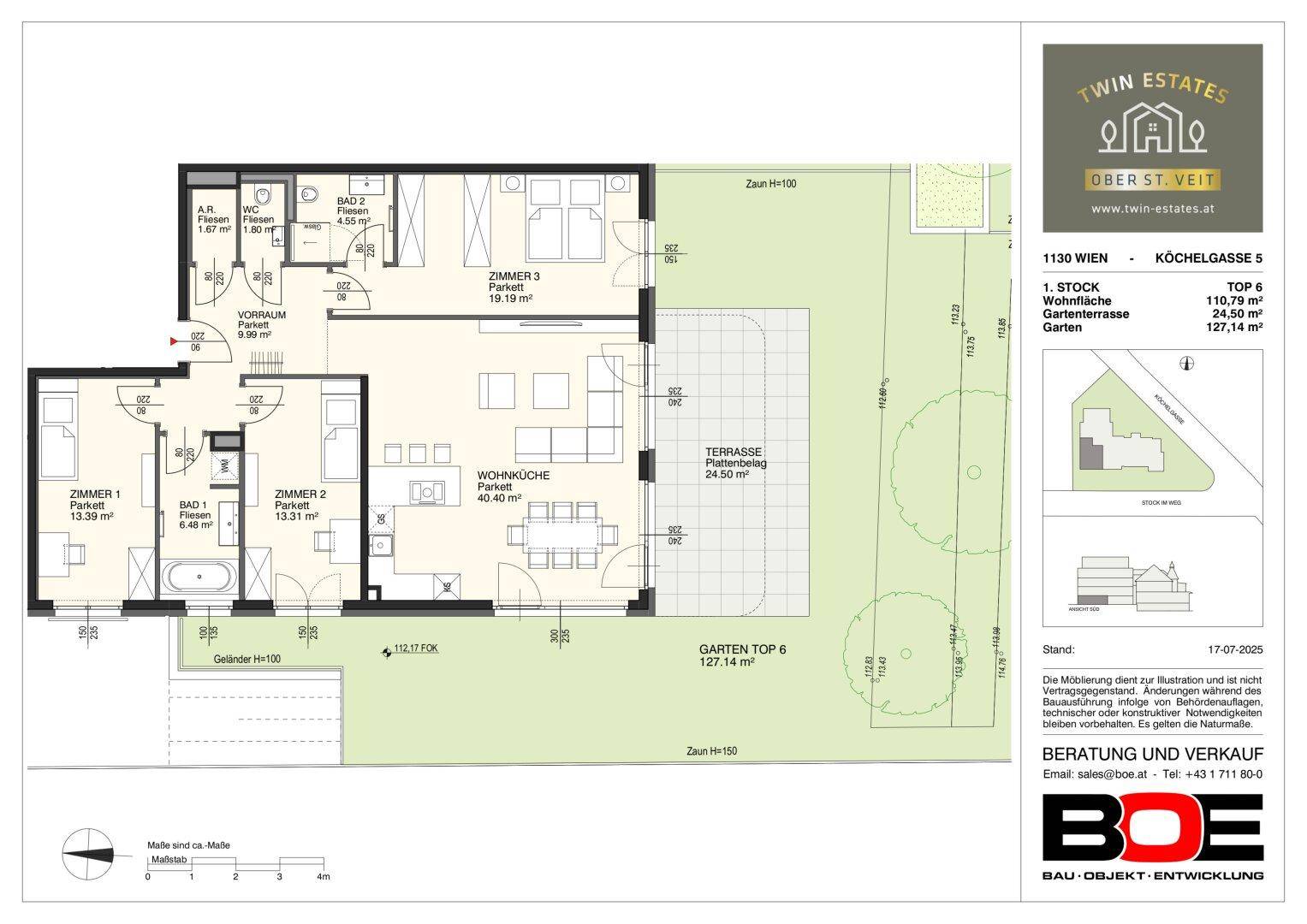 Grundriss einer Wohnung mit offener Wohnküche, zwei Bädern, Terrasse und Garten.