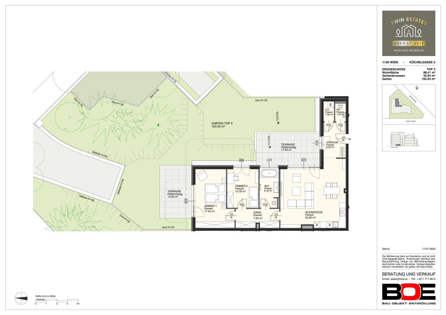Grundriss einer Erdgeschosswohnung mit offenem Wohnbereich, zwei Terrassen und privatem Garten.