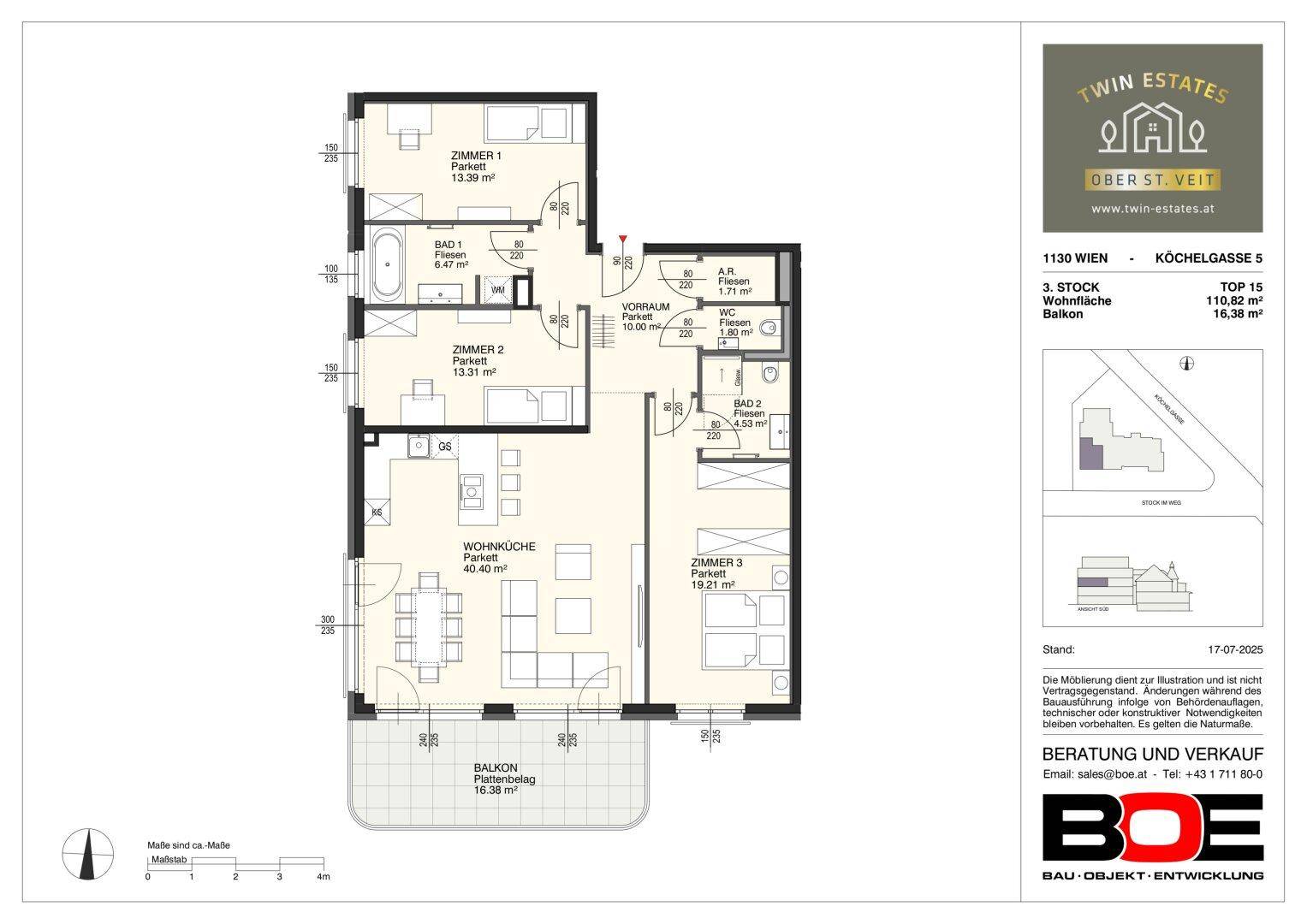 Detaillierter Grundriss einer Wohnung mit offenem Wohn-Essbereich, drei Zimmern, zwei Bädern und einem Balkon.