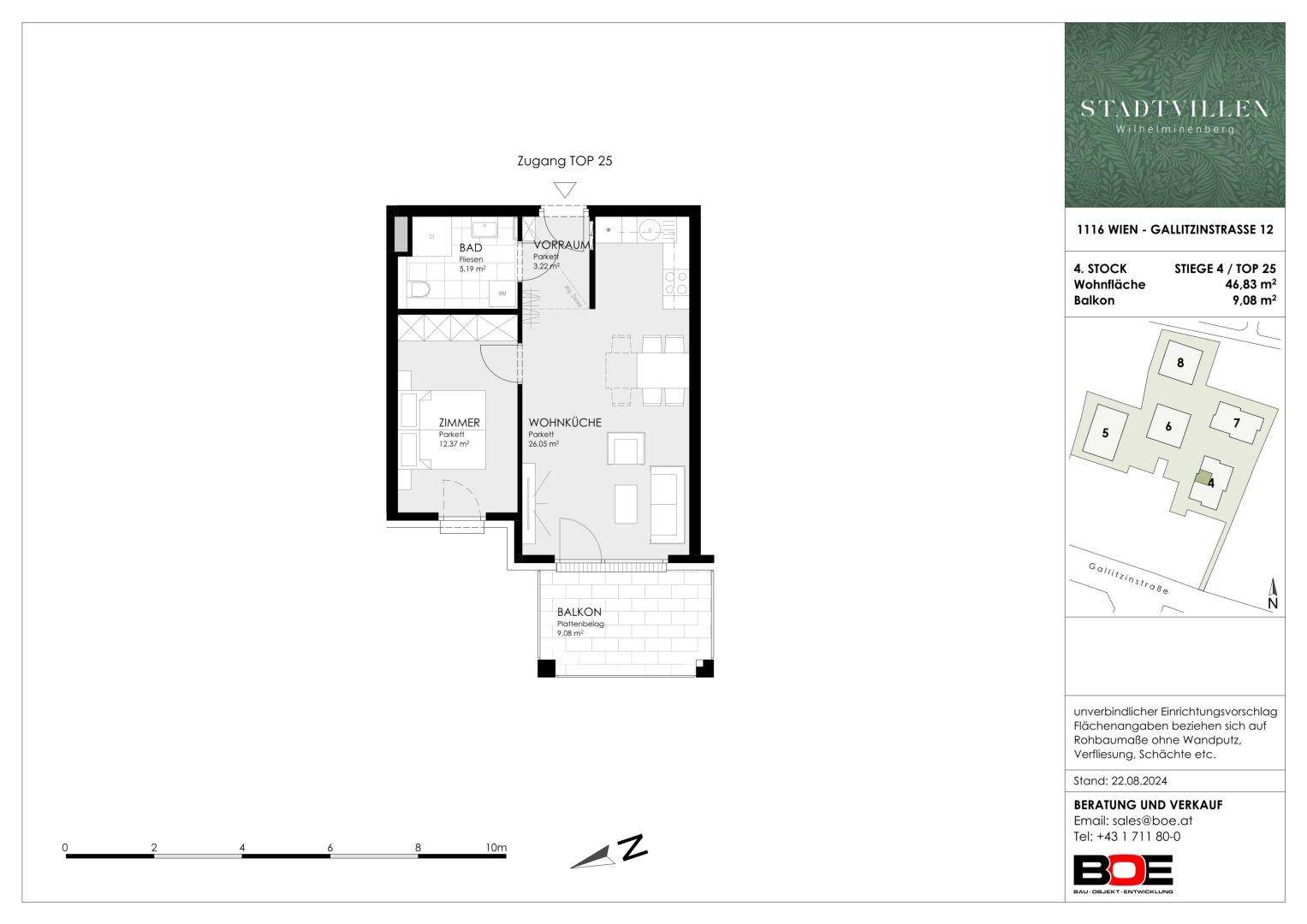 Grundriss einer modernen Wohnung mit Wohnküche, einem Schlafzimmer, Bad und Balkon.