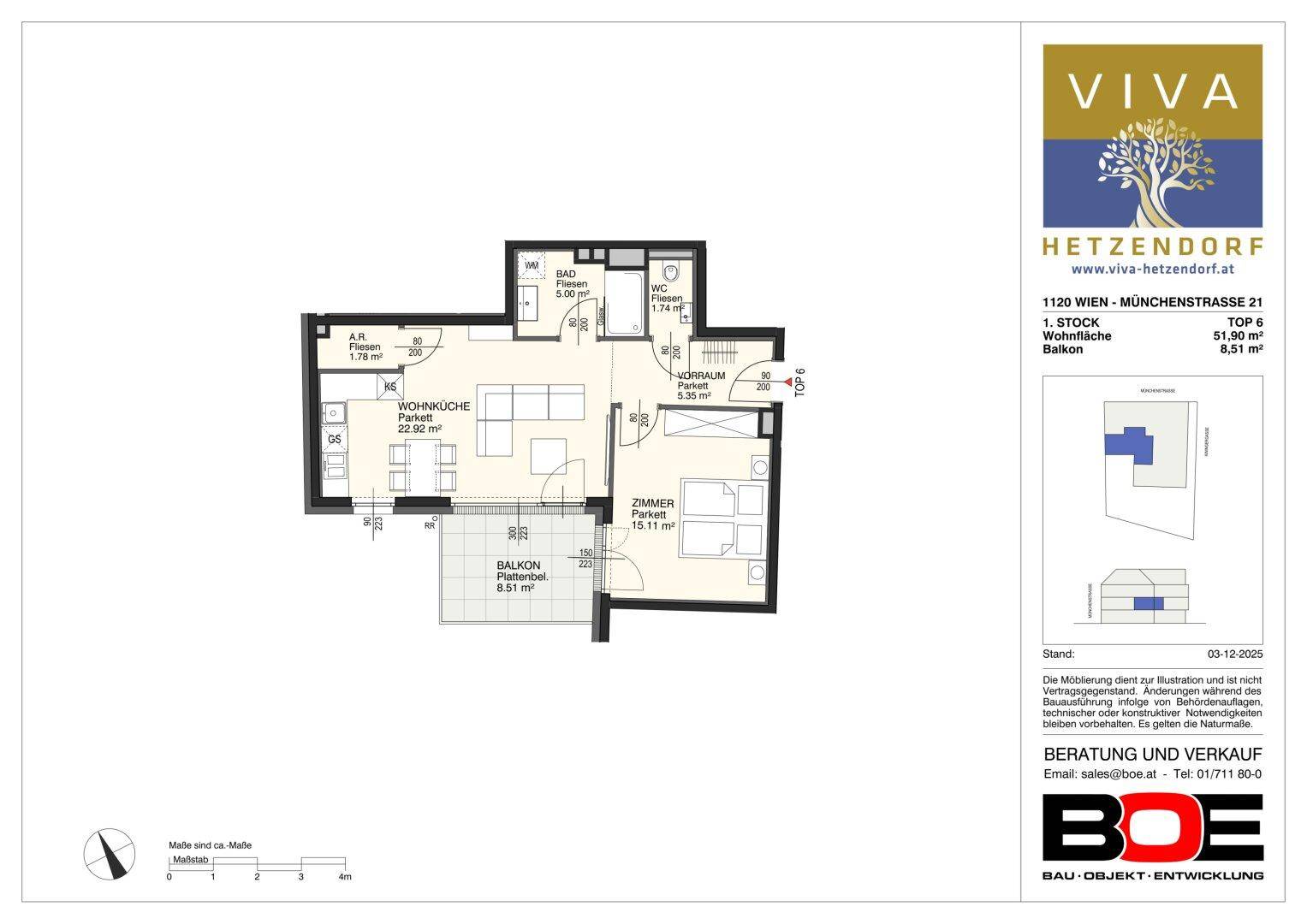 Detaillierter Grundriss einer Wohnung mit Wohnküche, Schlafzimmer und Balkon.