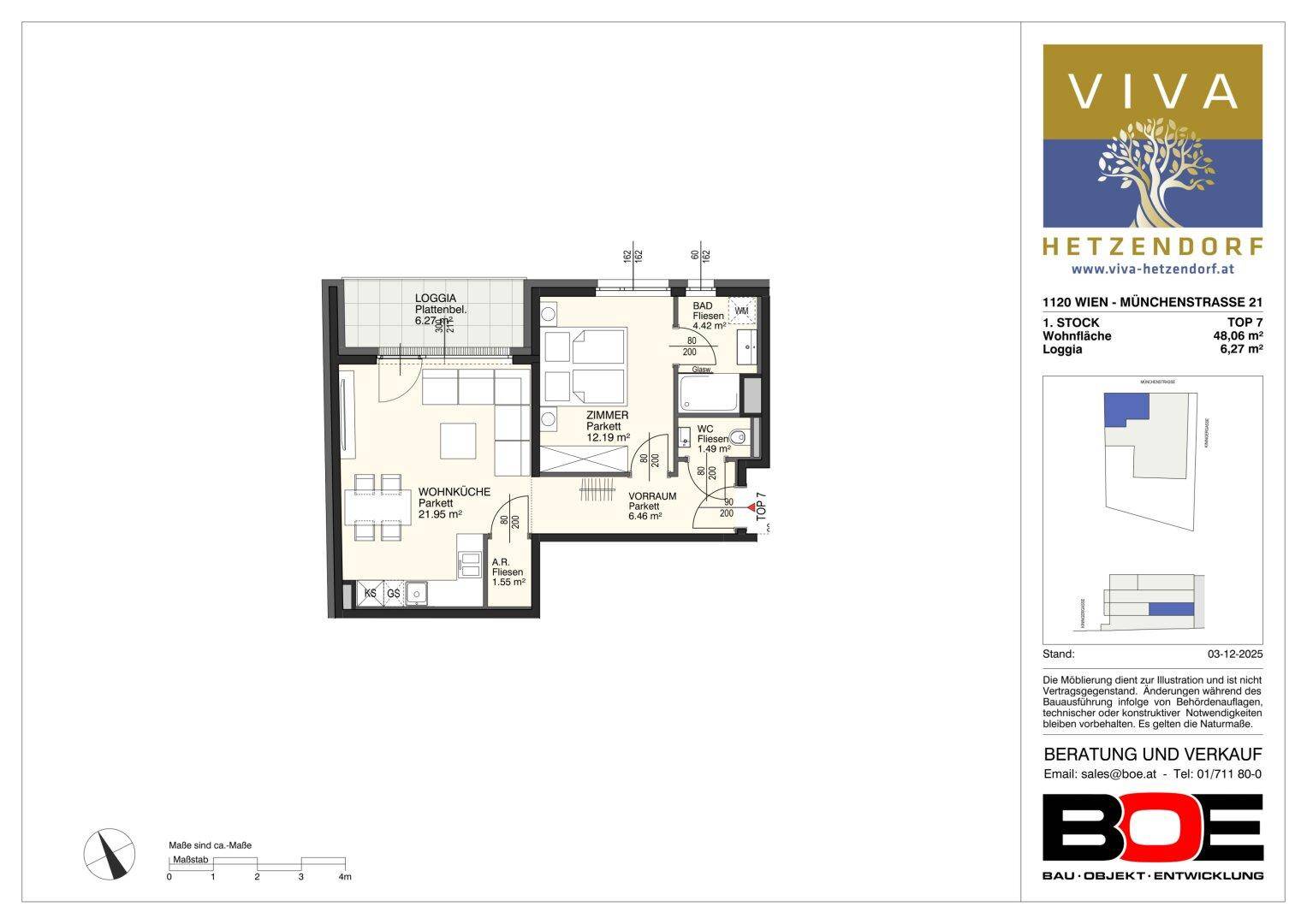 Grundriss einer Wohnung mit Wohnküche, Schlafzimmer, Bad und Loggia im ersten Stock.