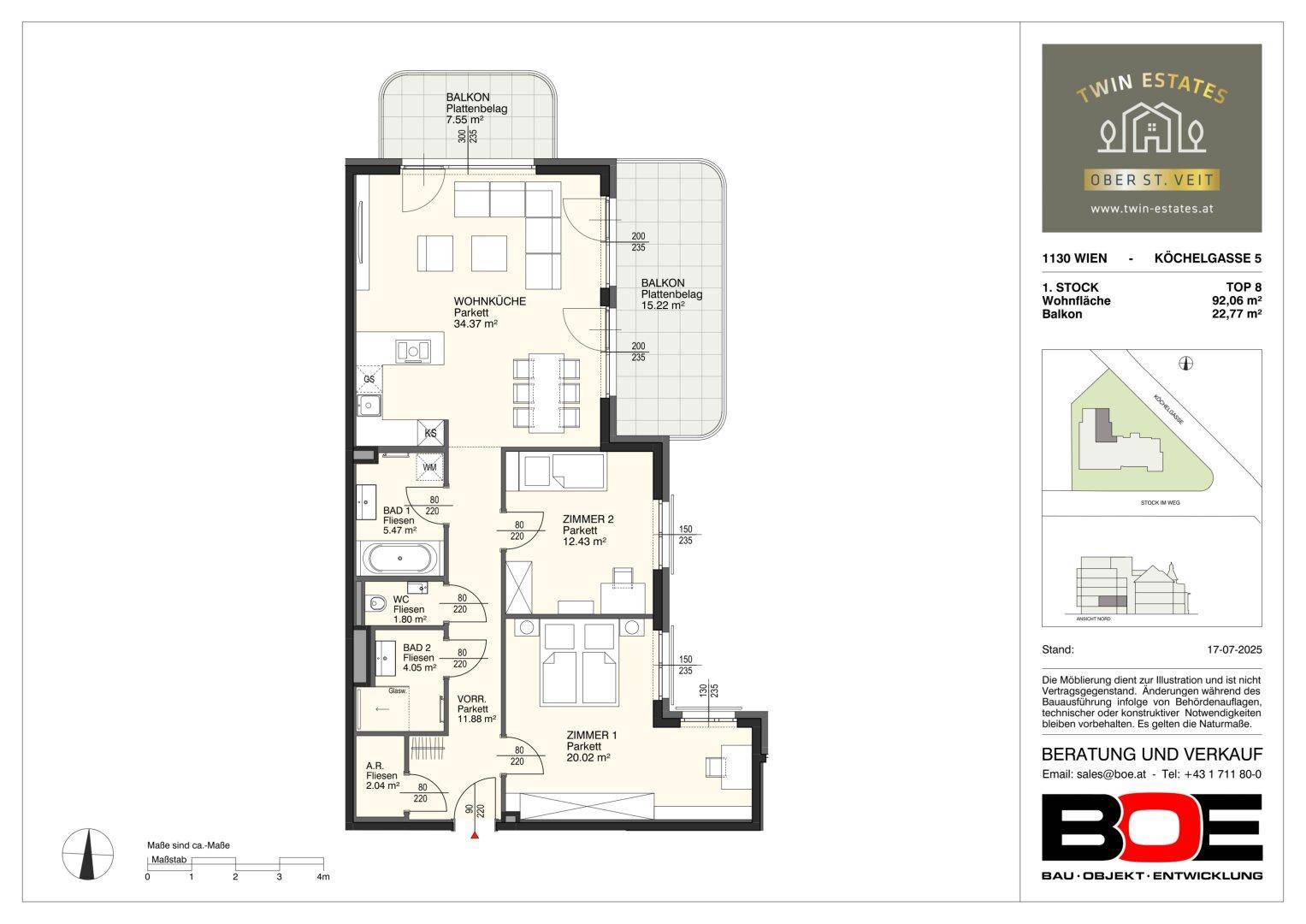 Grundriss der Wohnung Top 8 im 1. Stock mit Wohnküche, zwei Zimmern und zwei Balkonen.