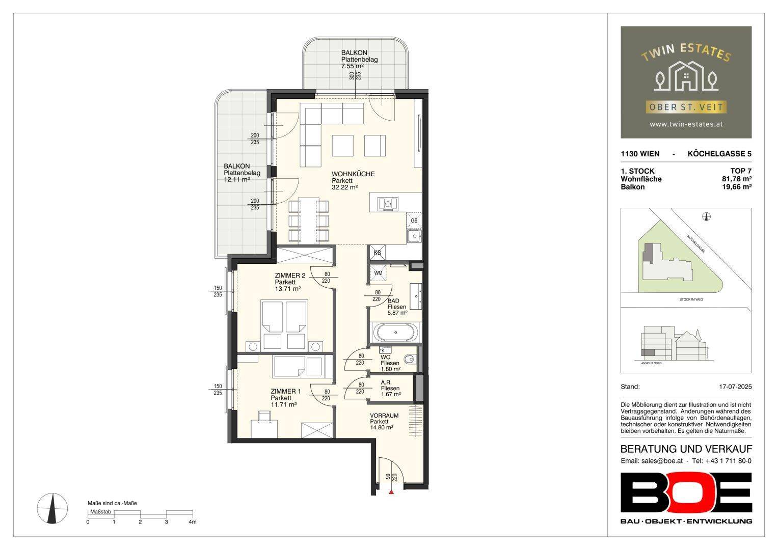 Grundriss einer Wohnung im 1. Stock mit Balkonen und offenem Wohnbereich.