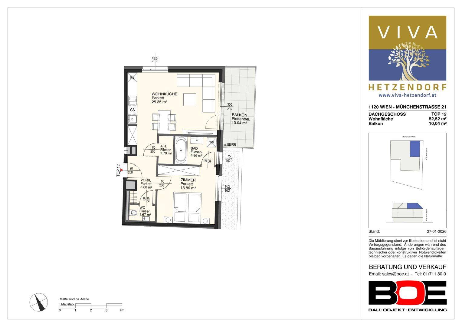 Grundriss einer Dachgeschosswohnung mit offener Wohnküche, Schlafzimmer, Bad, separatem WC und Balkon.