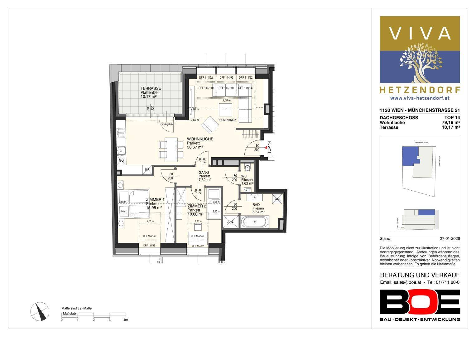 Grundriss einer Dachgeschosswohnung mit offener Wohnküche, zwei Schlafzimmern und großer Terrasse.