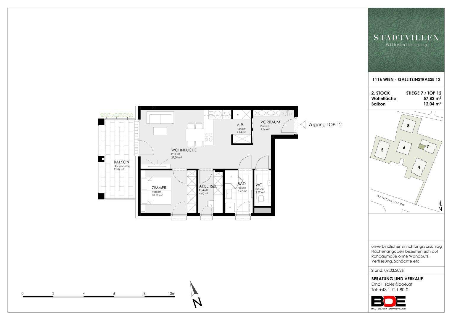 Grundriss einer Wohnung mit Wohnküche, Schlafzimmer, Arbeitszimmer und Balkon.