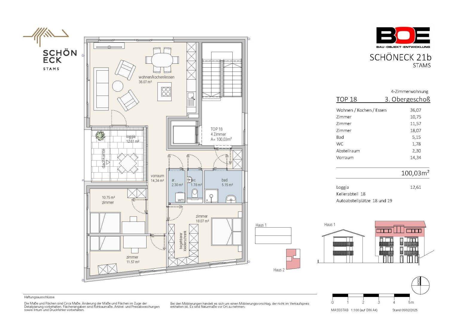 Grundriss der Wohnung TOP 18 im 3. Obergeschoss mit 100,03 m² Wohnfläche und Loggia.